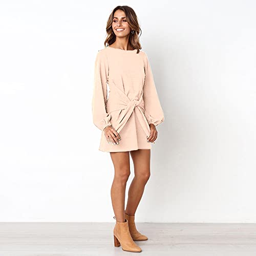 Prettygarden Women’s Elegant Long Lantern Sleeve Short Dress Crewneck Tie Waist Knit Cocktail Dress (Apricot, Small, S) #TOP3