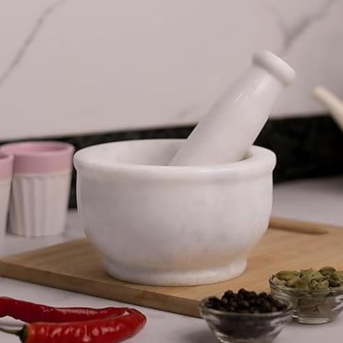 Image of Granite Marble Mortar and Pestle Set Stone Big Size, Kharal, Khalbatta, Kundi, Okhli, Musal, Imamdasta, Silbatta, Idikkalu, Kitchen tool for Grinding Herbs(WHITE). (5 Inch)