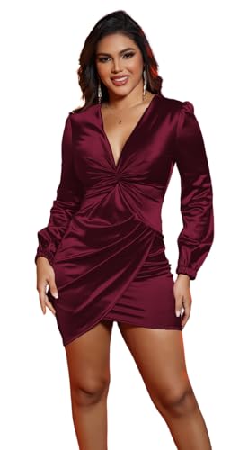 Image of FairyLove Women's Elegant Empire Waist Long Sleeve Wedding Guest Party Cocktail Bodycon Irregular Satin Dresses
