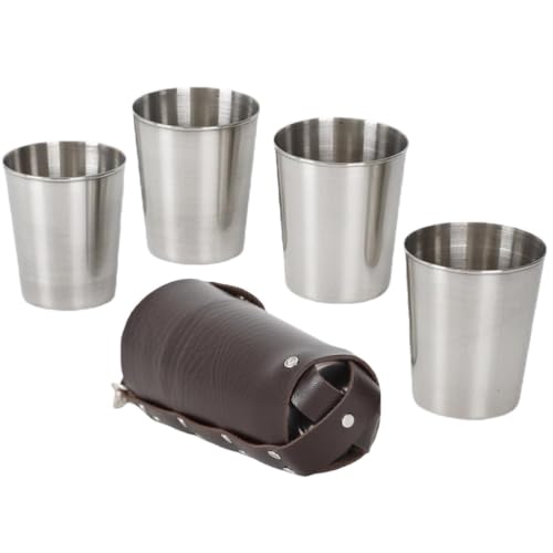 OKUMEYR Juego de Vasos Pequeños de Acero Inoxidable para Licor Funda de Cuero, Capacidad 70ml, Resistentes y Portátiles para Camping y Senderismo al Aire Libre