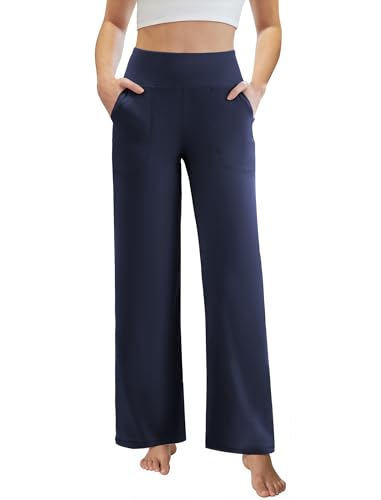 AB-Eleven Womens Yoga Pants Wide Leg Work Dress Pants with Pockets Casual Lounge Trousers Elastic Waist Sweatpants Navy Blue