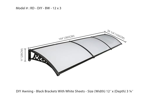 Image of CHENNAI Window Blinds and Shades DIY Polycarbonate Awning (Engineered Plastic Brackets) Window Sunshade Door Weather Shed Rain Canopy Awnings - 12'Widthx3'Depth (Black Brackets & White Sheets)