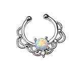 1pc NON-Pierced Lacey Single Opal Septum Hanger Fake Clip-on Nose Ring (Silver with White Opal)