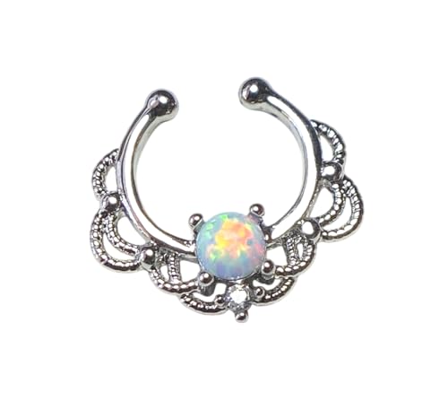 Lobal Domination 1pc NON-Pierced Lacey Single Opal Septum Hanger Fake Clip-on Nose Ring (Silver with White Opal)