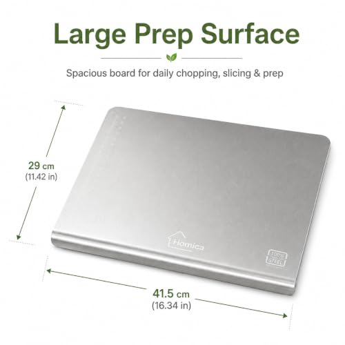 Image of Steel Chopping Board for Kitchen | Heavy-Duty Stainless Steel Kitchen Cutting Board | for Vegetables, Fruits, Meat & Fish | Anti-Skid, Food Safe & Rust Resistant Size 41.5 * 29 CM (Counter Top)