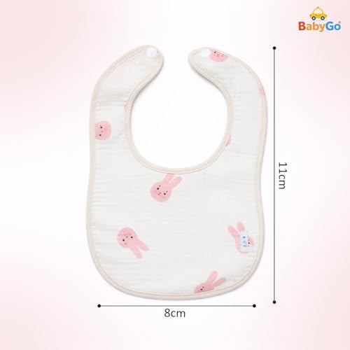 Image of BabyGo Muslin Bib Set of 3 Ultra-Soft & Absorbent Bibs with Adjustable Snap Buttons | Breathable | 6 Layer Waterproof Backing for Drooling | Teething & Feeding | 0-24 Months | MultiColor (Pack of 3)
