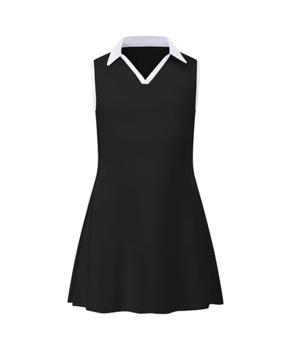 Girls Tennis Dress Golf Outfit Sleeveless V Neck Workout Athletic Dresses Skirt with Shorts Pockets