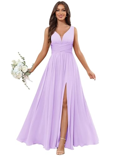 Ufashion Women's V Neck Bridesmaid Dresses for Wedding Long Chiffon Pleated Formal Dress Evening Gown with Slit