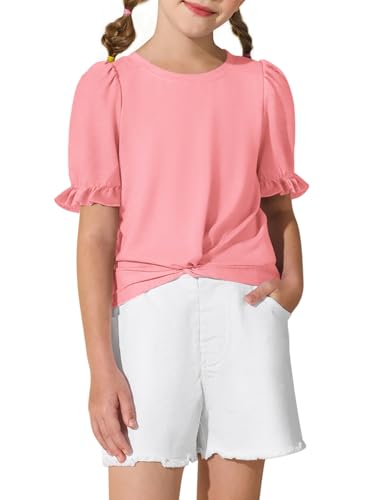 Yousify Girls Shirts Summer Cute Short Sleeve Basic Tops Twist Front Casual Ruffle Plain Round Neck Tee Shirt Tunic4