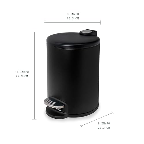 Image of ACENTO Rondo 1.3 Gallon Round Step Trash Can with Soft-Close Lid, Removable Liner Bucket, Small Metal Garbage Bin for Bathroom, Bedroom, Dorm, Office, Matte Black