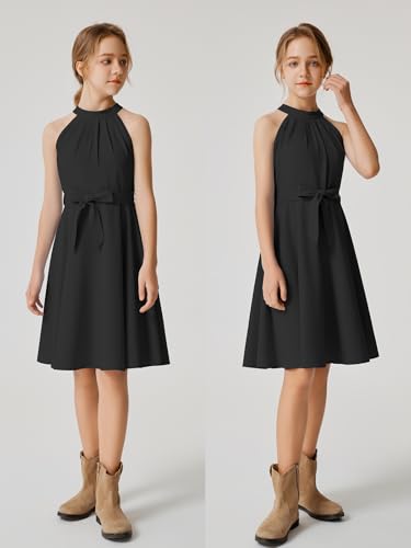 Quedoris Girls Halter Neck Pleated A-line Swing Flared Belted Casual Party Dress with Zipper2