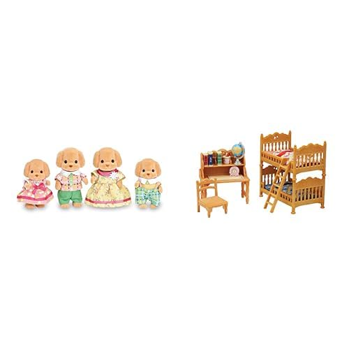 Calico Critters Toy Poodle Family (3 inches) with Children's Bedroom Set Bundle - Family of 4 with Convertible Bunk Bed and Desk Playset