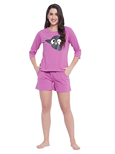 Image of Clovia Women's Cotton Printed T-Shirt & Shorts Set - Purple