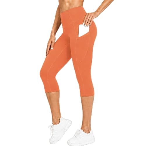 Match Womens Tummy Control High Waisted Active Yoga Pants with Pockets Buttery Soft Workout Leggings (Capris Orange Small)