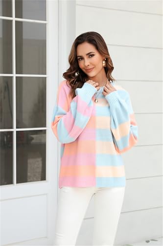 Womens Autumn Winter Warm Comfortable Pullovers Casual Fashion Ladies Stripe Color Collision Crew Neck Knit Sweater3