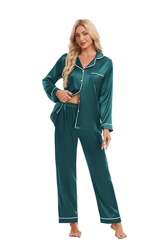 Devirld Women's Classic Long Sleeve Satin Pajamas Set Button Down Silky Sleepwear 2 Piece Lounge Set Pj Set with Notch Collar Blue Green - image 2