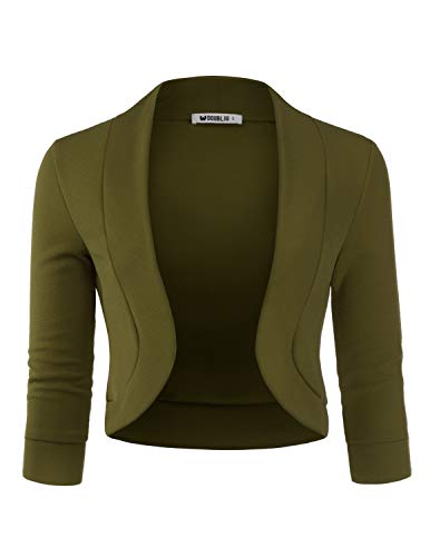 DOUBLJU Bolero Open Front Cardigan Crop Jackets 3/4 Sleeve Basic Cropped Blazers Business Casual for Womens with Plus Size, Olive, M