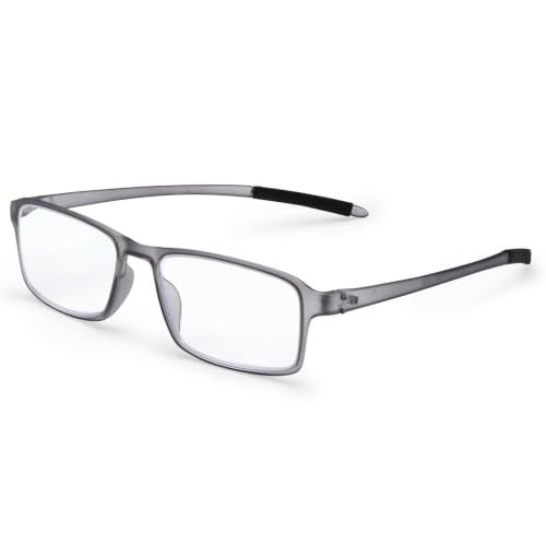 AEC EasyRider2 Unisex Reading Glasses with BlueRazr Blue Light Blocking Lenses, Full Rim TR Frame, Neck Rest Temples & Hard Protective Case for Men and Women (Grey, +1.75)