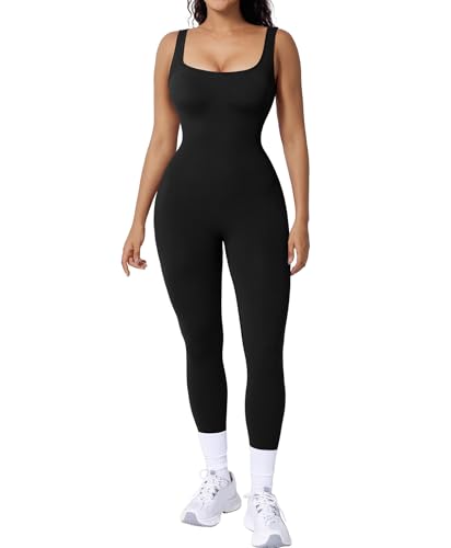Popilush Jumpsuits for Women Built-In Bra Square Neck Ribbed Bodycon Workout Seamless Leggings Rompers Bodysuits