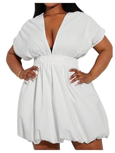 WDIRARA Women's Plus Size Deep V Neck Bubble Dress Short Sleeve A Line Mini Dresses