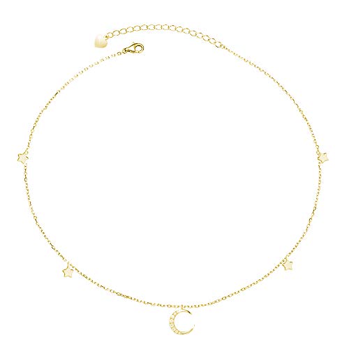 Agvana Gold Moon and Star Choker Necklace Mothers Day Gifts for Mom Grandma Sterling Silver Cubic Zirconia CZ Moon Dainty Necklace Anniversary Birthday Jewelry for Women Teen Girls with Gift Box