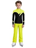 Nyeemya Eiskunstlaufanzug Kostüm Kinder Junge Mädchen Langarm Rollkunstlauf Oberteil Strass Glitzer Tanzhemd High Waist Tanzhose Turnhose Gymnastik Trainingsanzug Fluoreszierendes Gelb 122-128