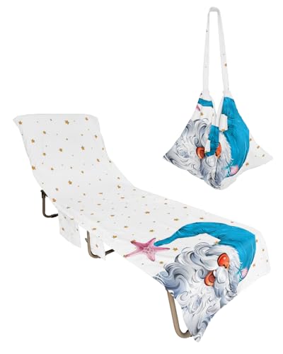 Christmas Gnomes Beach Chair Towel Covers for Chaise Lounge with Side Pocket, Soft Plush Pool Towels Cover for Patio Sunbathing Outdoor 29''x85'' Blue Xmas Star Pink Starfish
