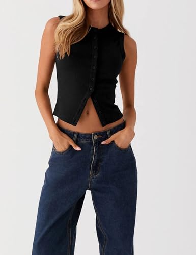 Image of Bozanly Womens Button Down Ribbed Tank Top Summer Sexy Sleeveless Slim Fit Y2k Crop Going Out Tops(0947-Black-S)