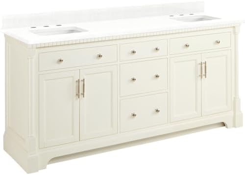Signature Hardware 953832-72-RUMB-8 Claudia 72" Freestanding Mahogany Double Basin Vanity Set with Cabinet, Vanity Top, and Rectangular Undermount Sinks - 8" Faucet Holes - White/Feathered White