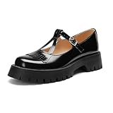Amazing Cosy Black Platform Mary Janes for Women, Chunky Low Heel T-Strap Lug Patent Mary Jane, Round Toe Cute Dress Shoes for School Spring (Black, US Women Size 8.5)