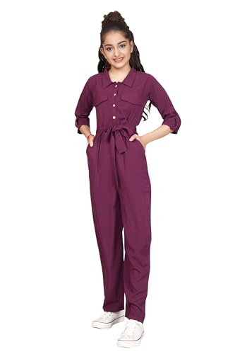 Image of Jwalin Girls Front Button Flap Pocket Belted Jumpsuit (Wine 13-14 Years)
