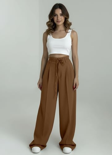 Image of Aahwan OffWhite Solid High Fabric Belt Waist Straight Korean Loose Pleated Wide Leg Trouser for Women's & Girl's