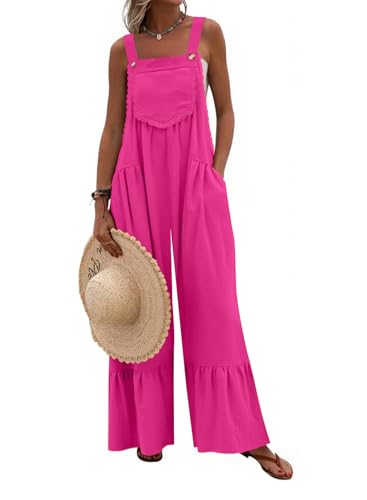 Dokotoo Womens Lace Casual Overalls Summer Jumpsuit Loose Baggy Wide Leg Ruffle Pants Rompers with Pockets Rose Red Large