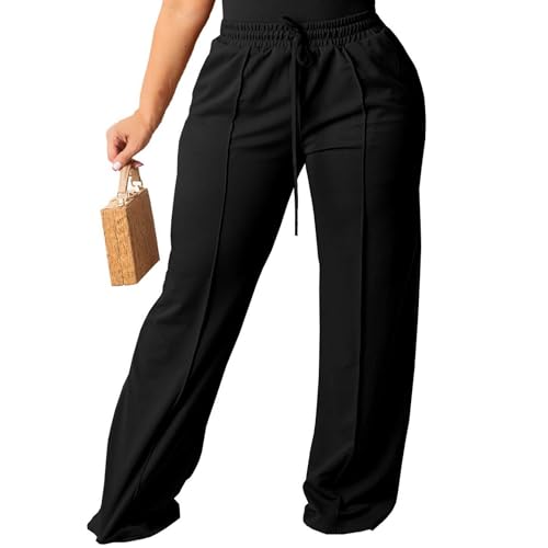 Women's Plus Size Casual Wide Leg Pants High Waisted Drawstring Baggy Sweatpants Elastic Straight Leg Lounge Pants