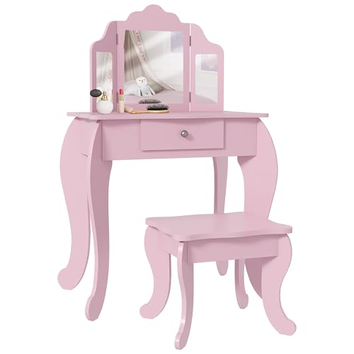 HOMCOM Tocador Infantil con Taburete y Espejo Ajustable, Tocador para Niñas con Cajón, Mesa de Maquillaje para Niños y Niñas de 3-6 Años, Rosa