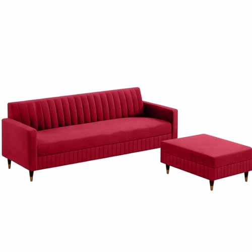 Image of AMATA Omega Solid Wood 4 Seater L Shape red Suede Velvet Fabric Sofa Set with Four Cushions Perfect for Home Office Guests Living Room (03 RED, Omega L Shape 4 SSEATER)(3 Year Warranty)
