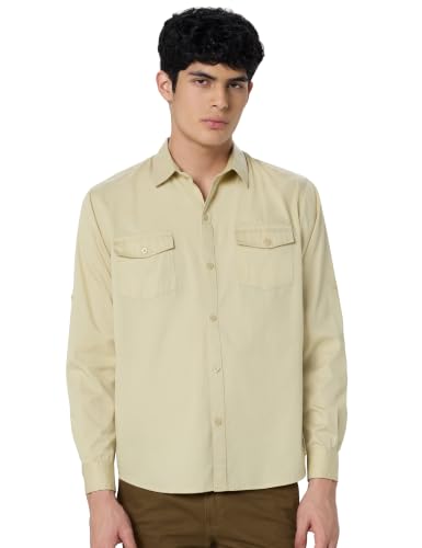 Image of Veirdo Men's Pure Cotton Utility Shirt | Full Sleeve Casual Button-Down with Dual Chest Pockets | Stylish & Comfortable Everyday Wear | Colors: Beige, Black, Maroon, Olive, Rust & White