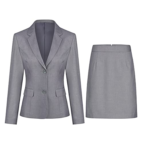 Women s 2 Pieces Skirt Suit Set Long Sleeve Blazer Jacket and Pencil Skirt Light Gray
