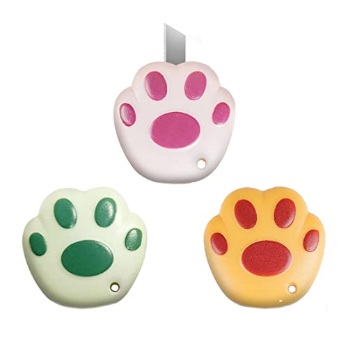 CWED Lot de 3 mini couteaux de poche,Motif patte de chat,Utilité Portable, Universel Rétractable Pour la papeterie,pour -Express Box - Papier - Artisanat Cover