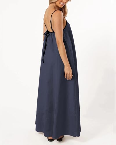 Image of Senllen Women's Linen Dress Summer Loose Flowy Sundress Contrast Spaghetti Strap Sleeveless Backless Beach Maxi Long Dresses