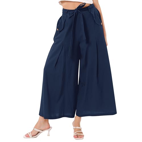 OBEEII Women's Cropped Wide Leg Pants with Pockets High Waisted Flowy Linen Pants Casual Summer Beach Loose Palazzo Pants