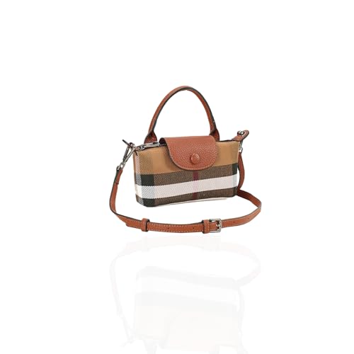 Image of Mini Plaid Canvas Handbag for Women PU Leather Top Handle Checked Bucket Hand Bag