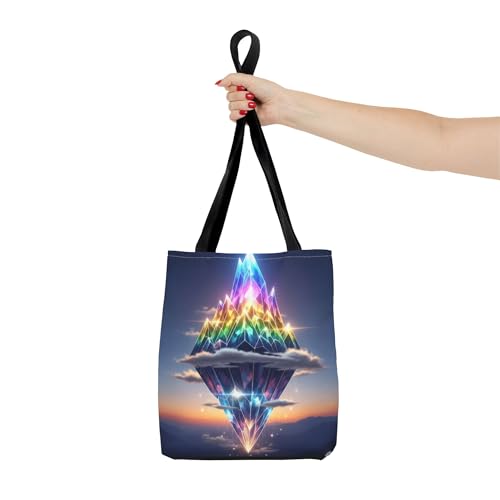 A Glowing Prism Mountain Floating in Sky Premium Tote Bag with Reinforced Stitching on Candles4