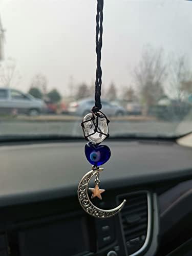 Blue Evil Eye Healing Crystal Stone Car Hanging Accessories Charm Decor Ornaments with Moon and Star (crystal-blue evil eyes)