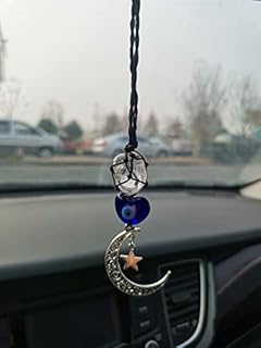 Blue Evil Eye Healing Crystal Stone Car Hanging Accessories Charm Decor Ornaments with Moon and Star (crystal-blue evil eyes)