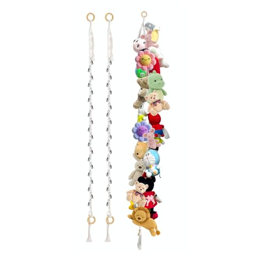 Cotton Plush Animal Storage Chain 2 Pcs 80inch Bohemian-Style Hanging Plush Animal Storage Rope with 40 Metal Clips - Wall Organizer for Nursery Play Room Door Ceiling