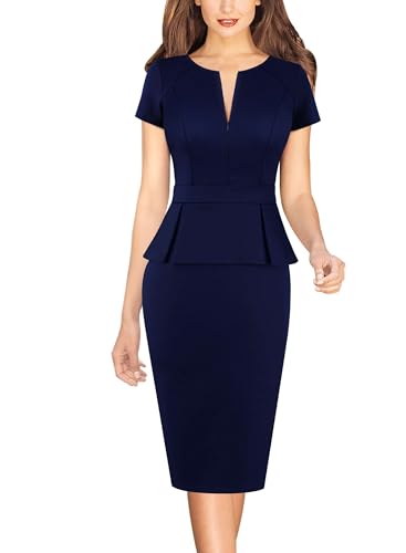 VFSHOW Womens Work Business Office Front Zipper Peplum Slim Pencil Bodycon Dress Professional Elegant Career Office-Wear Church Fitted Sheath Dress (Navy Blue, Large) 11095 BLU L