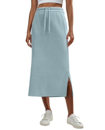 Image of Lepunuo Women's High Waisted Sweat Maxi Skirt with Pockets Slit | Ultra Soft Sweat Fabric, High Waist Drawstring, Deep Phone Pockets, Side Slit for Movement, Ideal for Lounge Travel