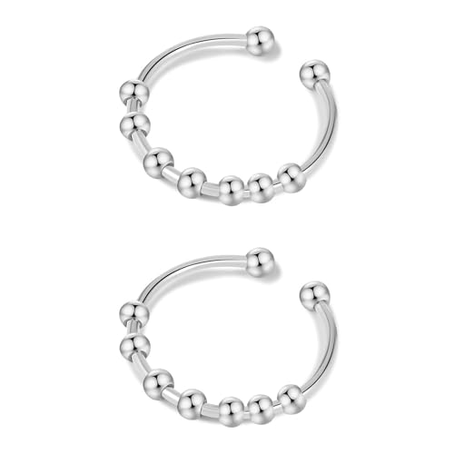 CHUANFU 2 Piezas Anillos de Ansiedad, Acero Inoxidable Anillo Antiestres Mujer, Abierto Anillos Giratorio Ajustables, Regalos para Mujere Niñas, Plateado