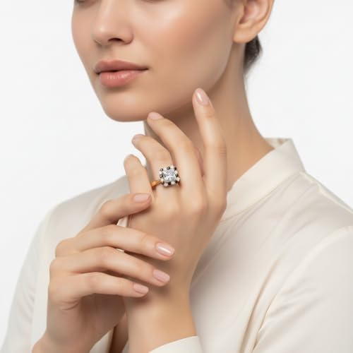 Image of Choose Your Gemstone Floating Halo Diamond CZ Ring Yellow Gold Plated Princess Shape Halo Engagement Rings Everyday Jewelry Wedding Jewelry Handmade Gifts for Wife US Size 4 to 12